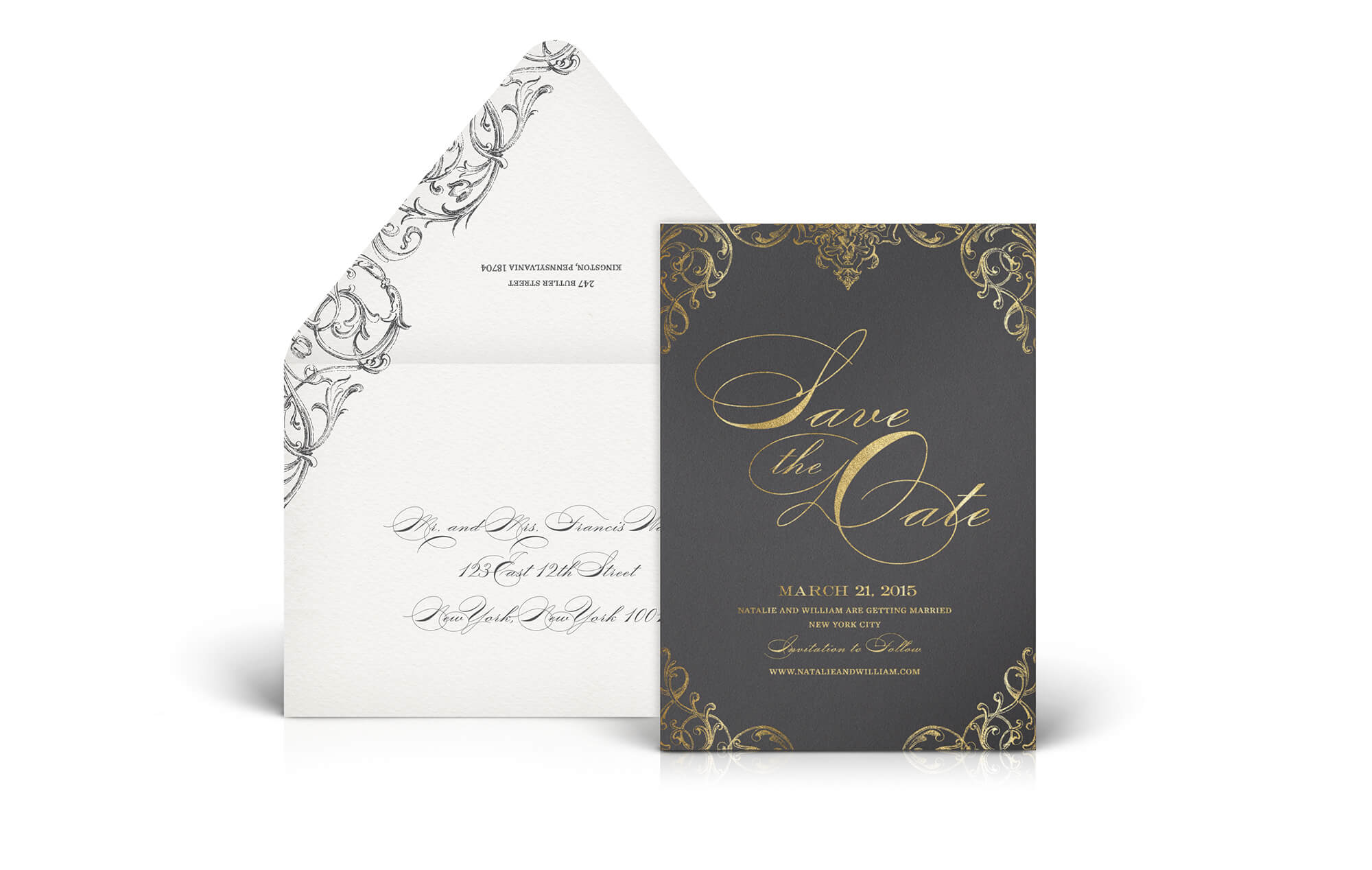 Ornate scrollwork save the date