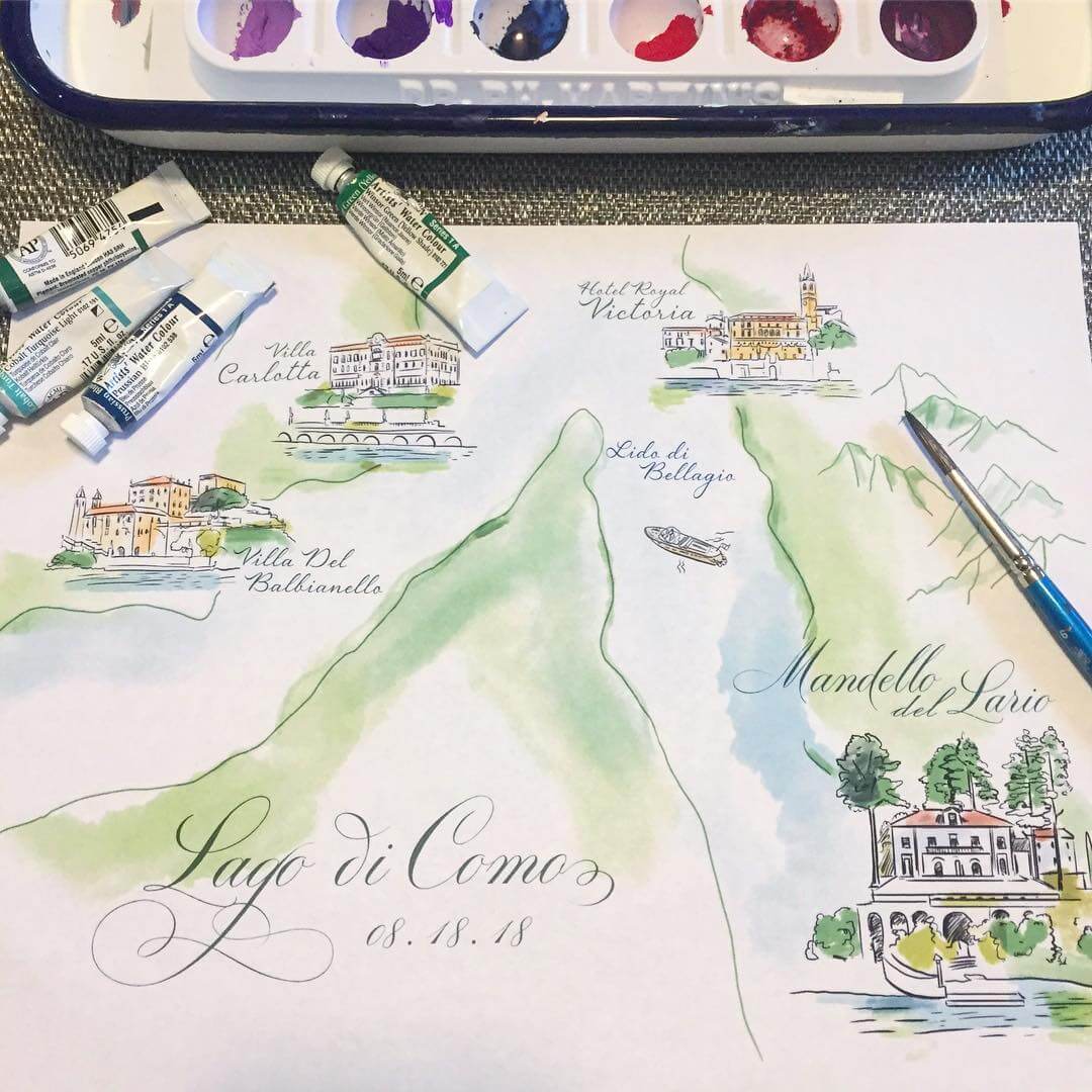 Watercolor illustration of Lake Como