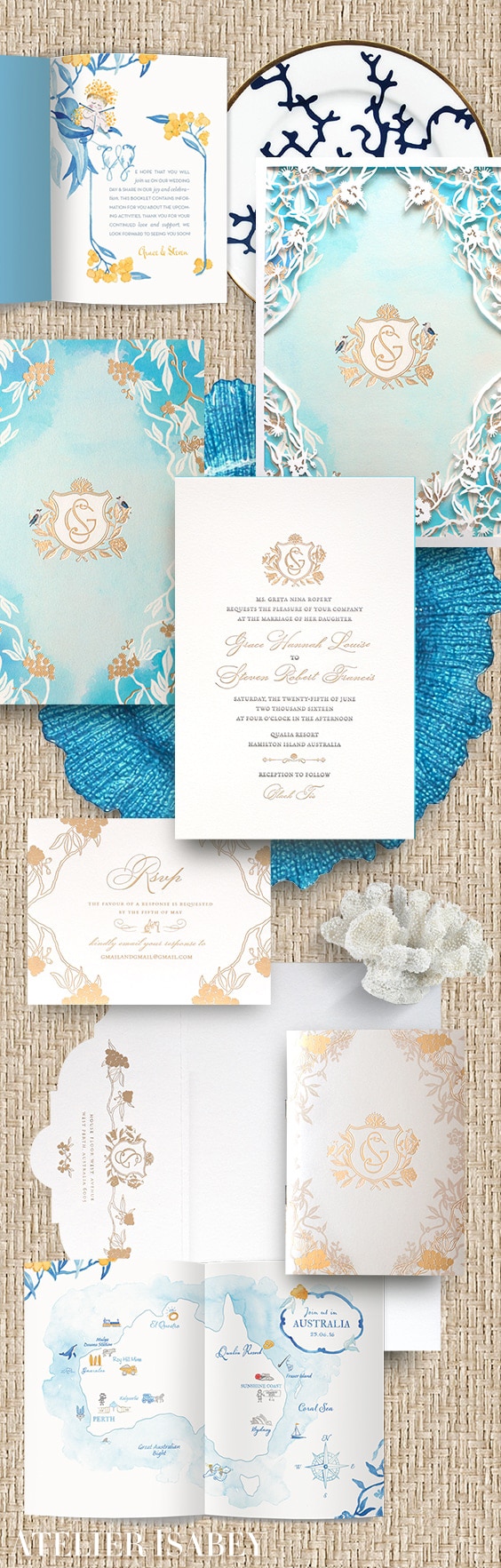 Laser cut and watercolor wedding invitation