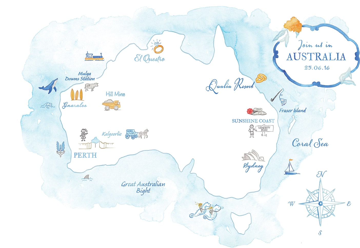 Watercolor wedding map of Australia