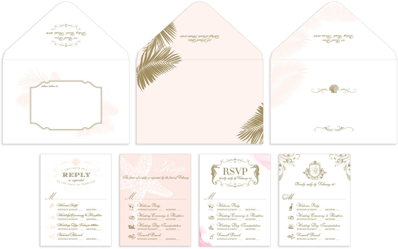 Palm tree and starfish inspired reply cards and envelopes