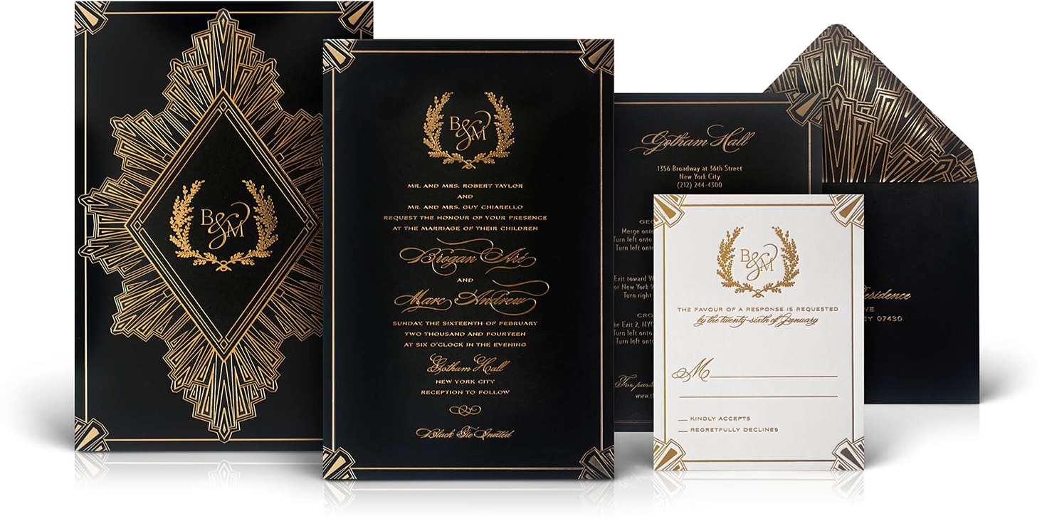 Black and gold Gotham Hall wedding invitation
