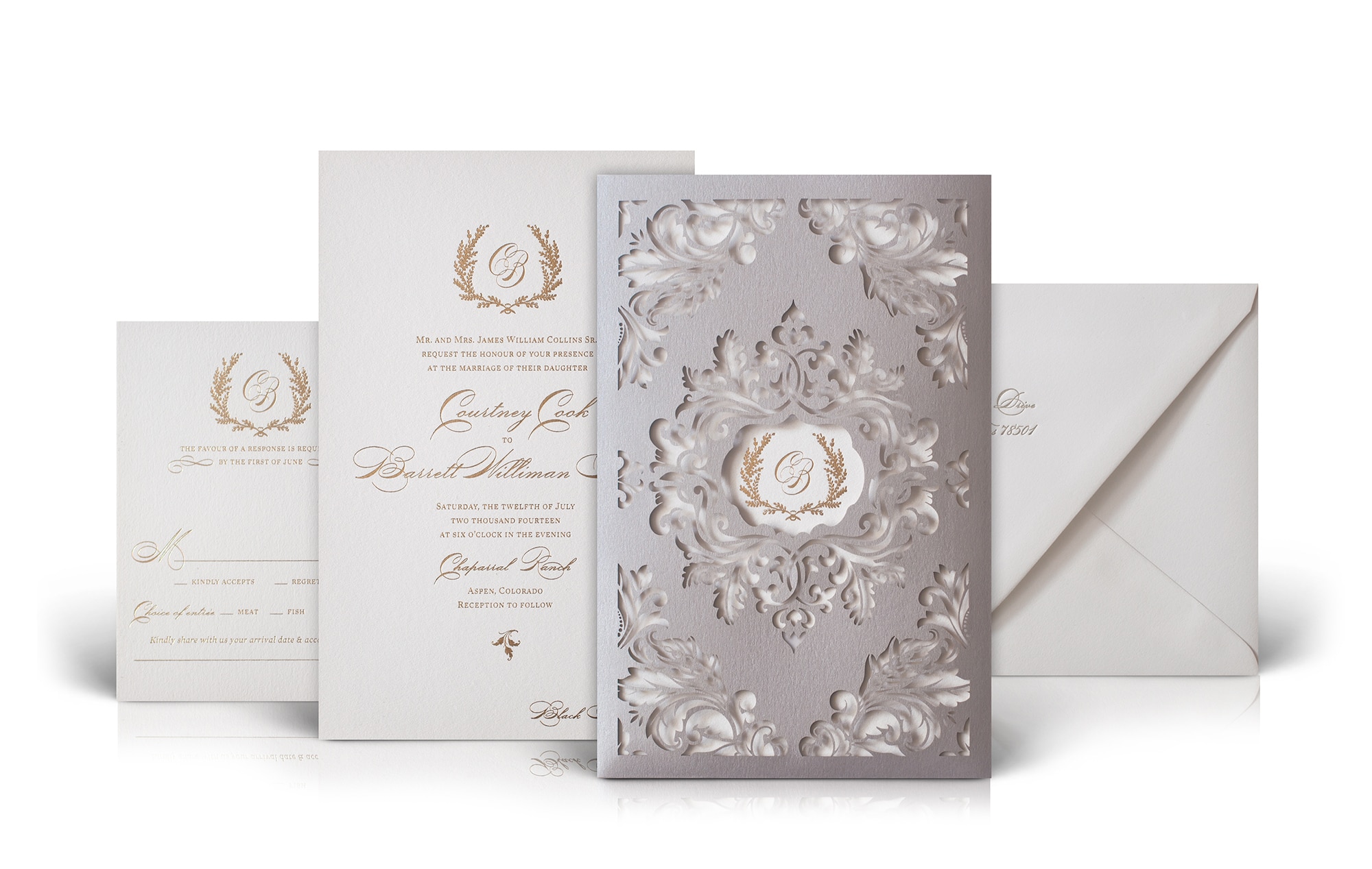 Classic scrollwork wedding invitation with laser cut sleeve