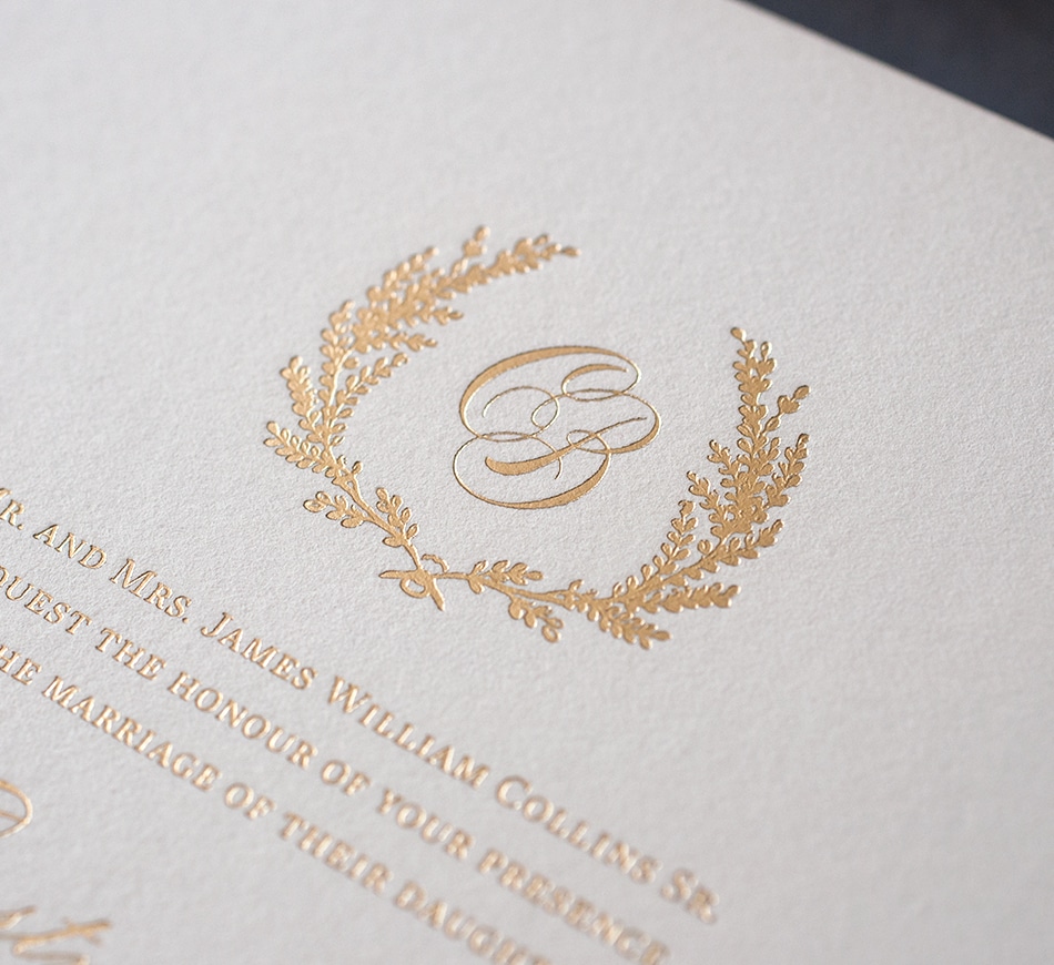 Gold foil monogram and wreath border