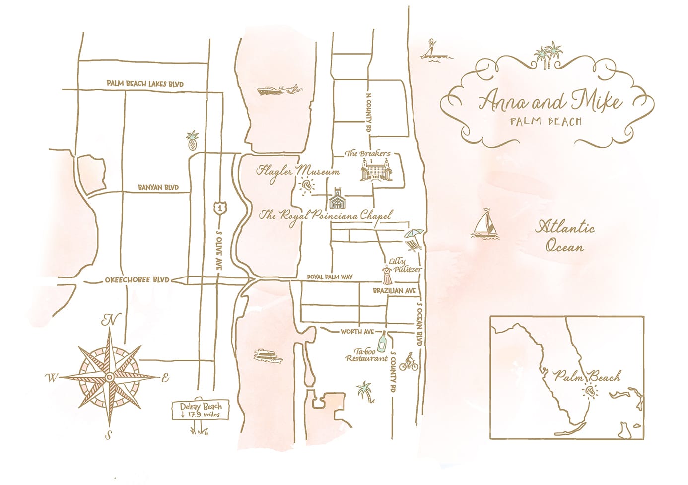 Watercolor wedding map of Palm Beach