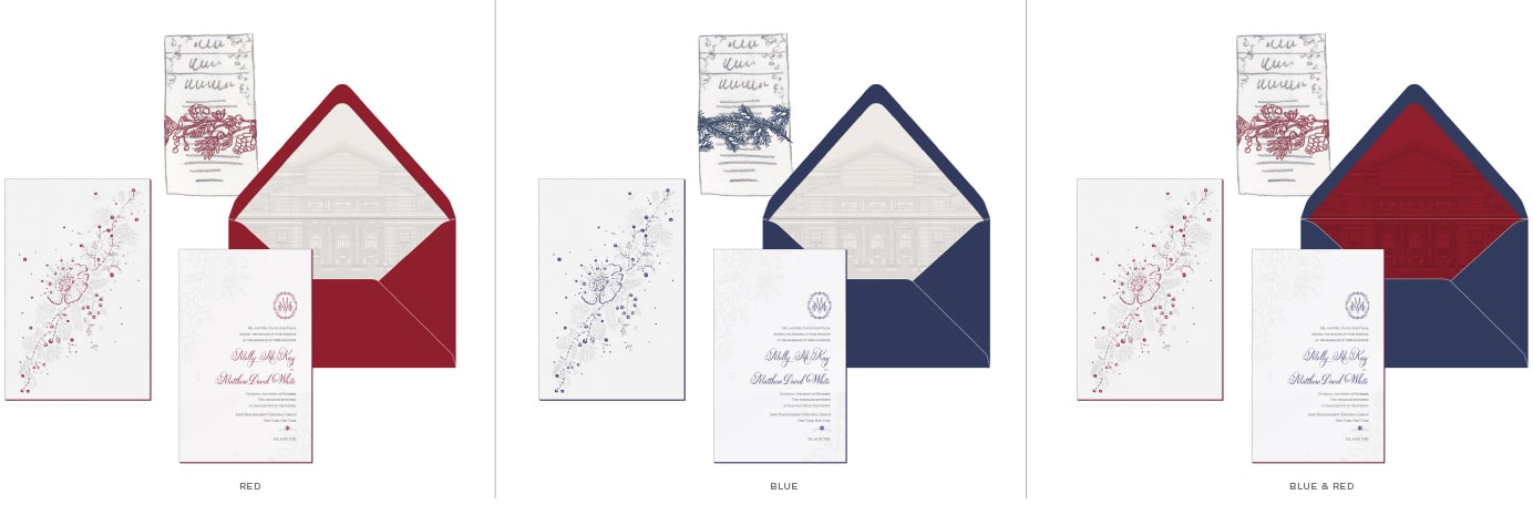Wedding invitation color study in red and blue