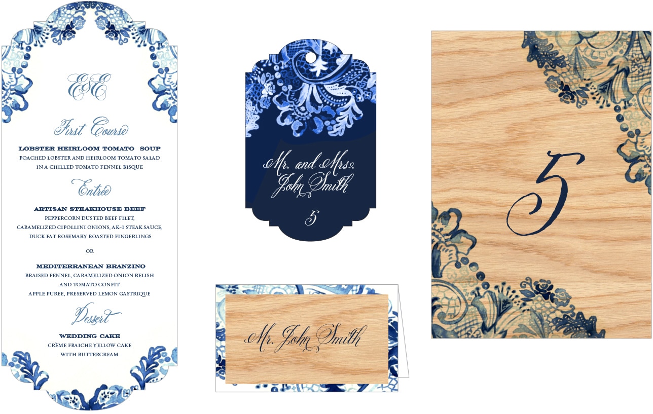 Watercolor and woodgrain tags, menus and table cards