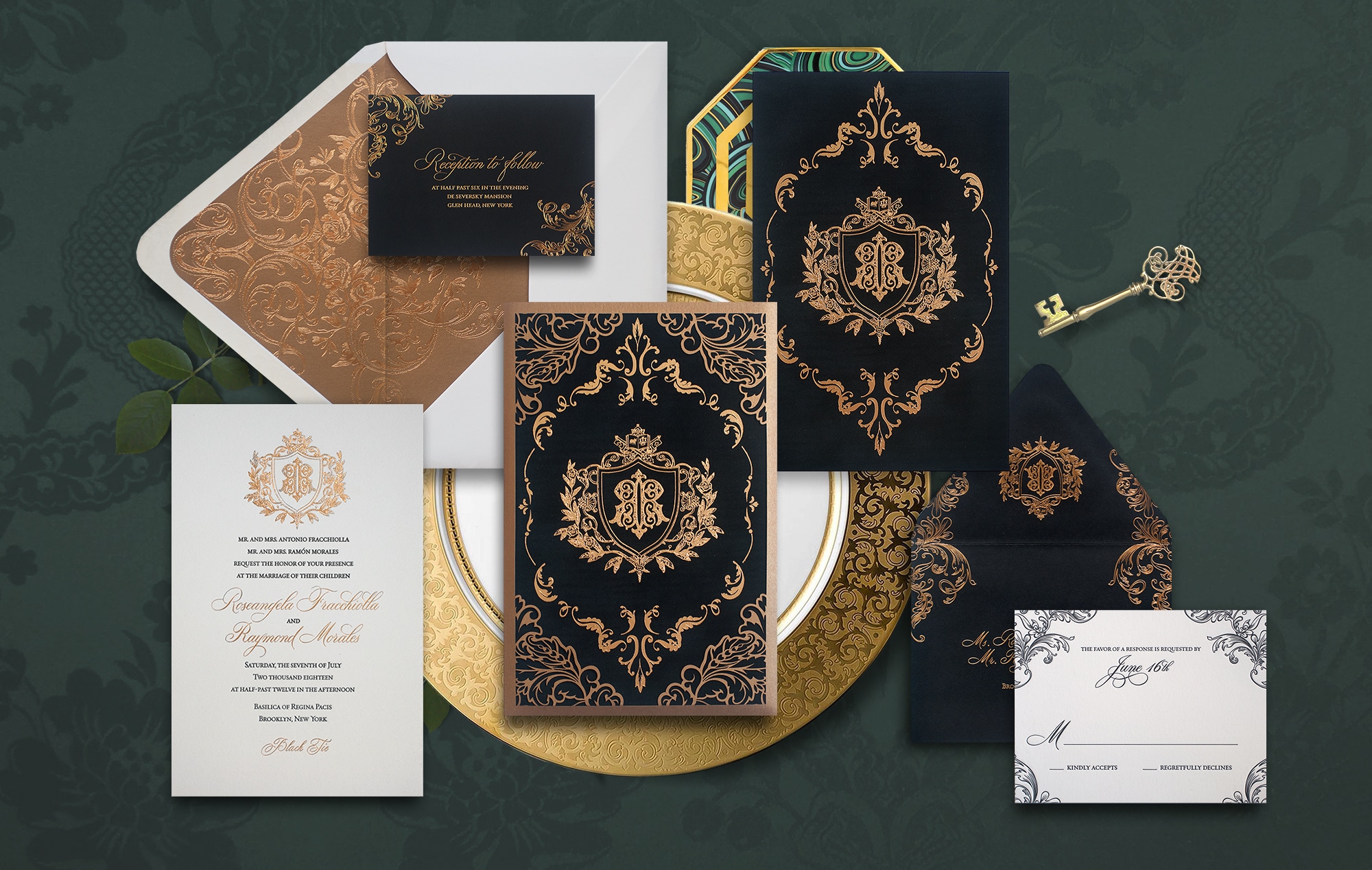 Ornate black and gold laser cut wedding invitation