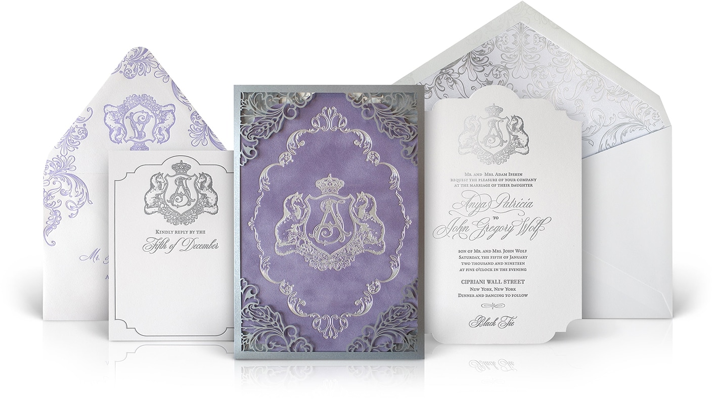 Purple velvet and silver laser cut wedding invitation
