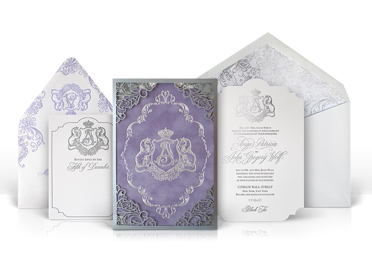 Purple and silver laser cut wedding invitation