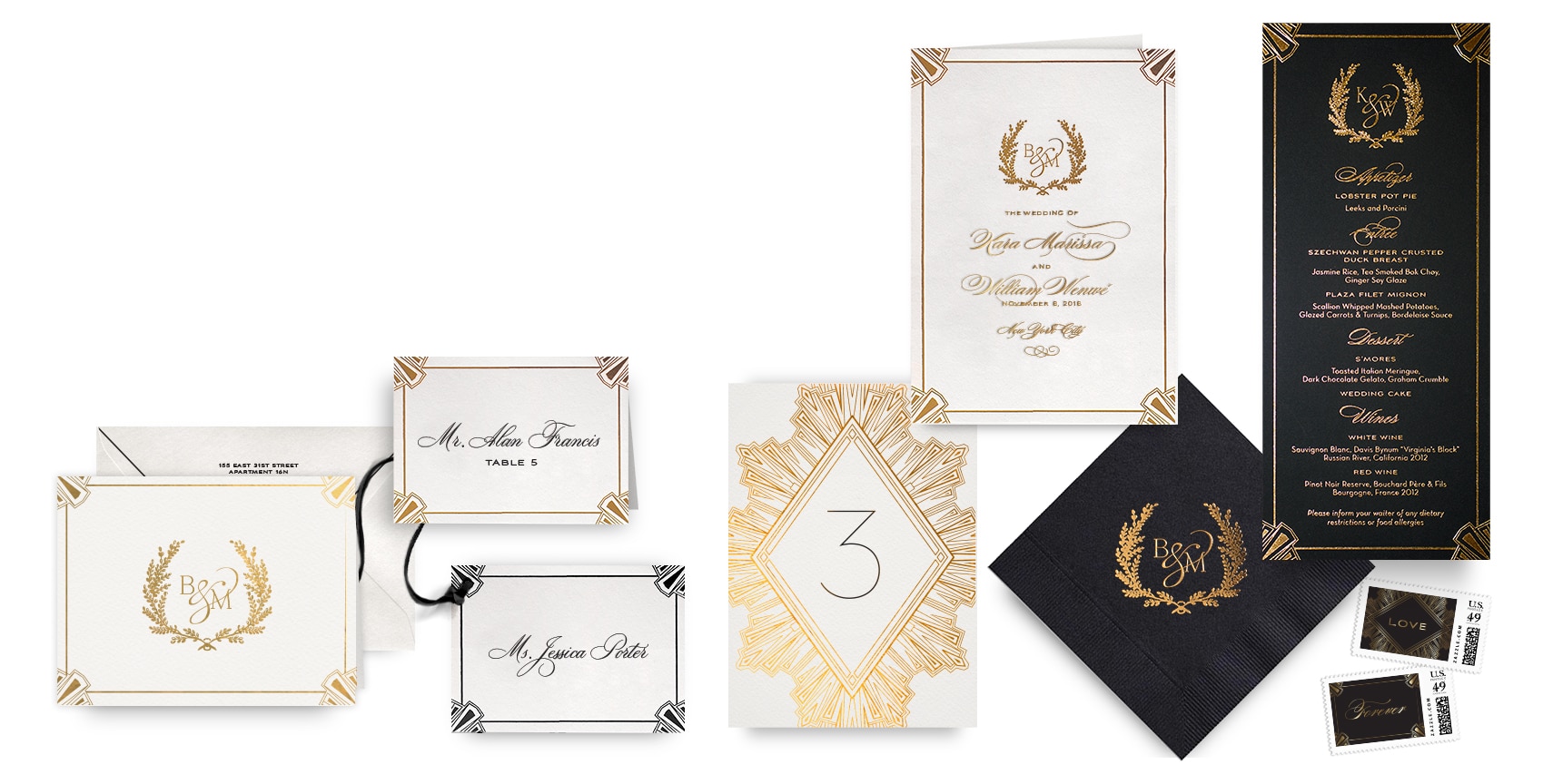 Ornate Deco menus, programs and wedding accessories