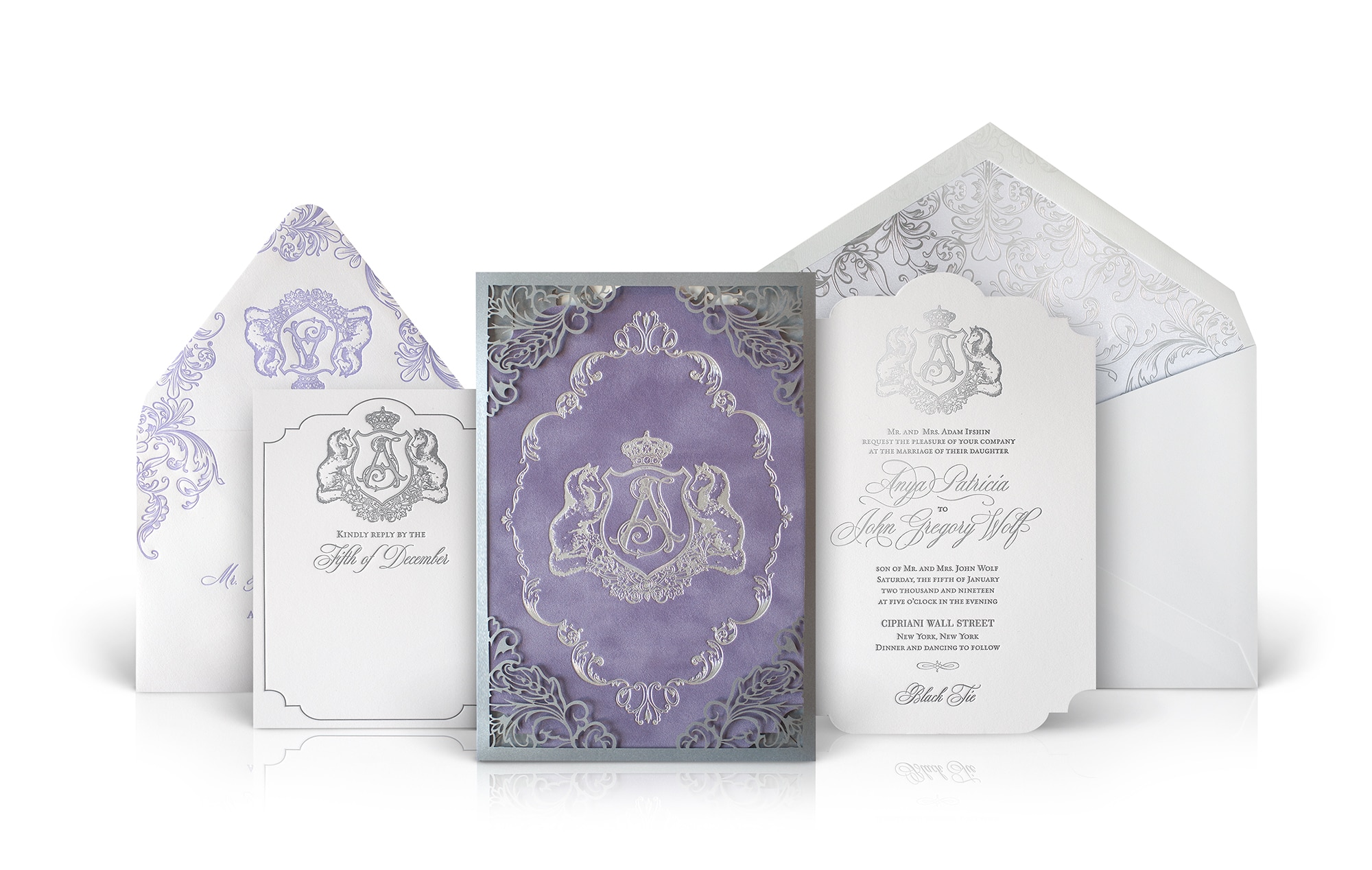 Purple and silver laser cut wedding invitation