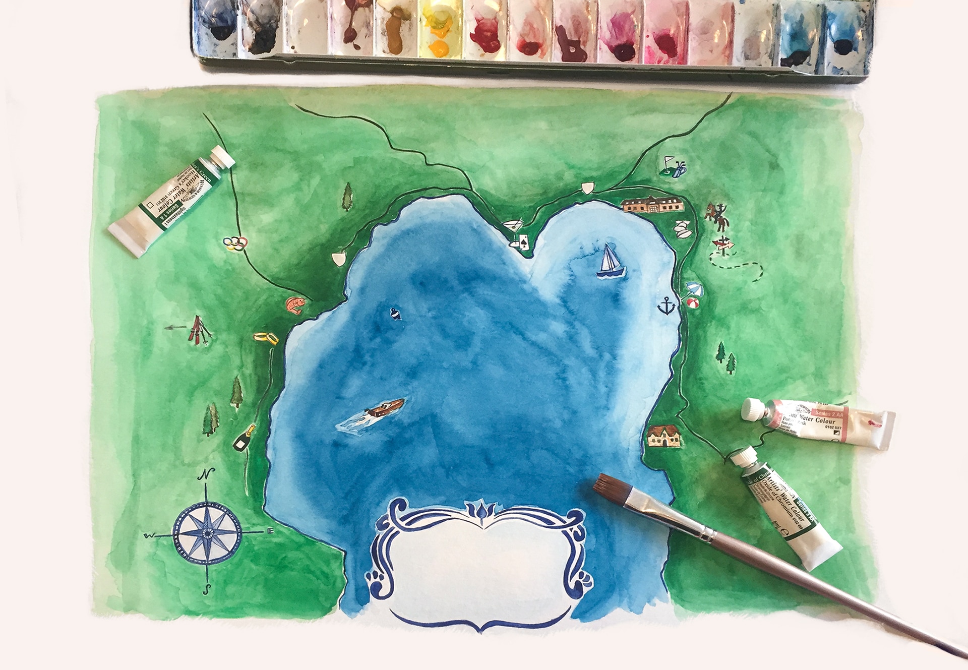 Watercolor map of Lake Tahoe