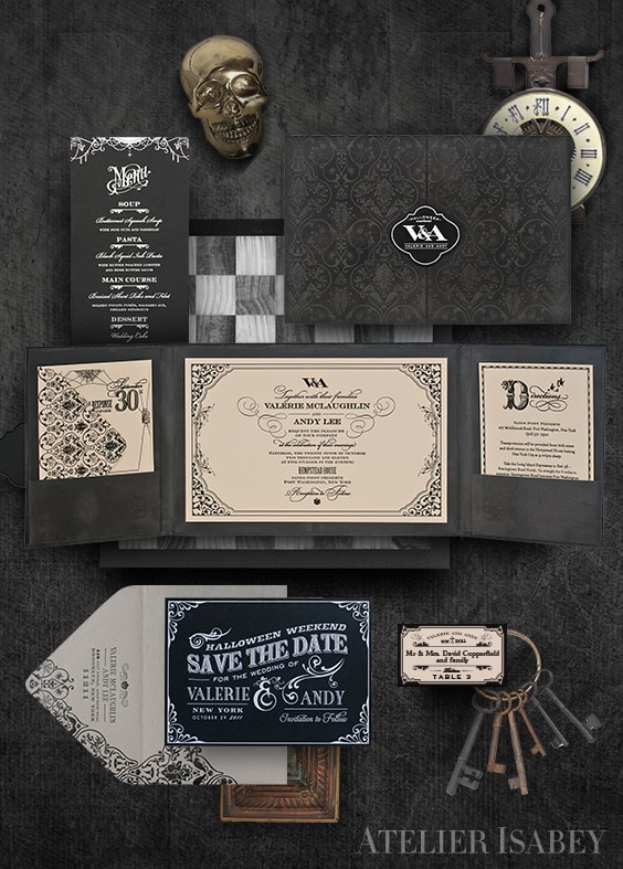 Spooky Halloween wedding invitation with letterpress printing and velvet papers | By Atelier Isabey