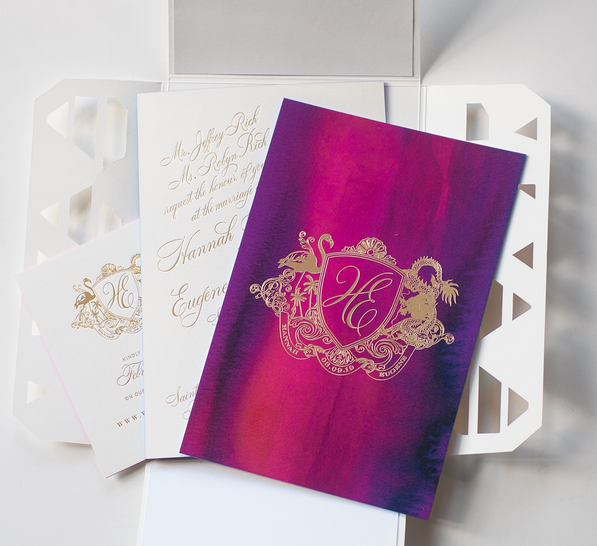 Watercolor and gold foil invitation suite