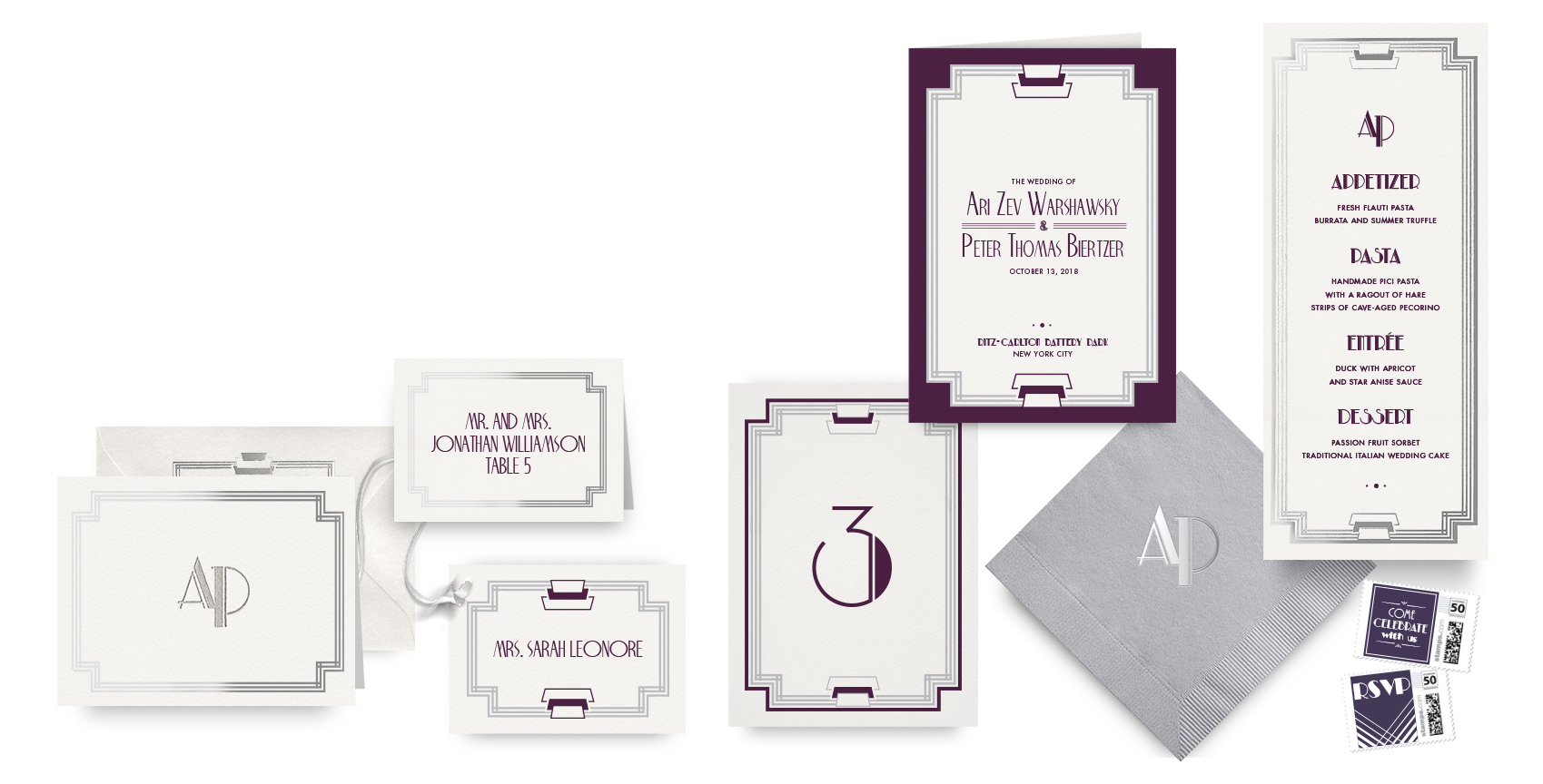 Modern Deco menus, programs and wedding accessories