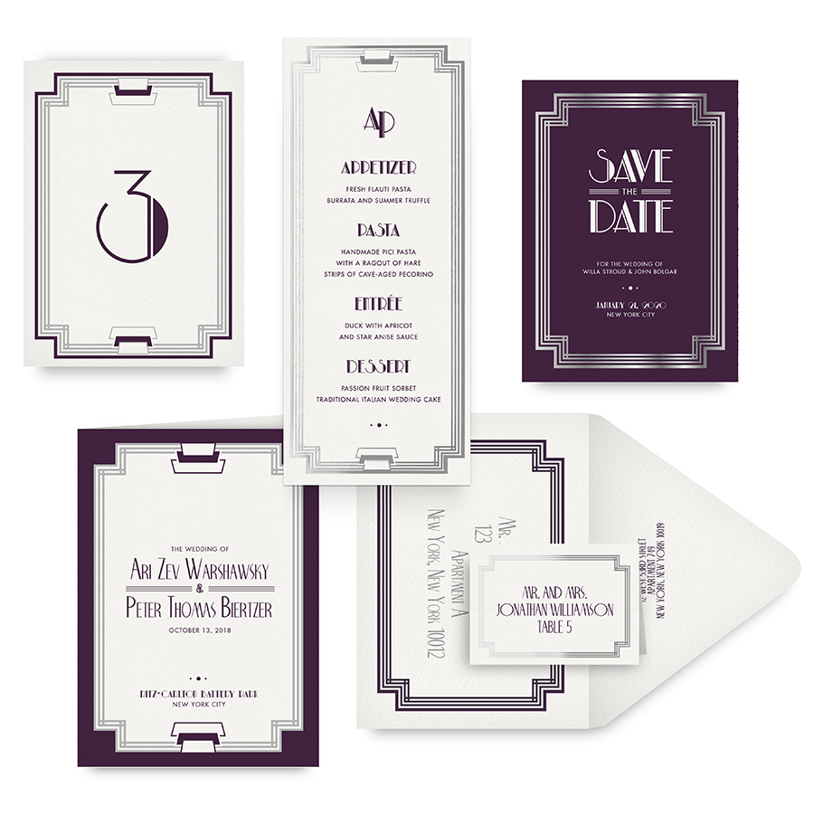 Modern Deco save the date, menu, program and wedding accessories