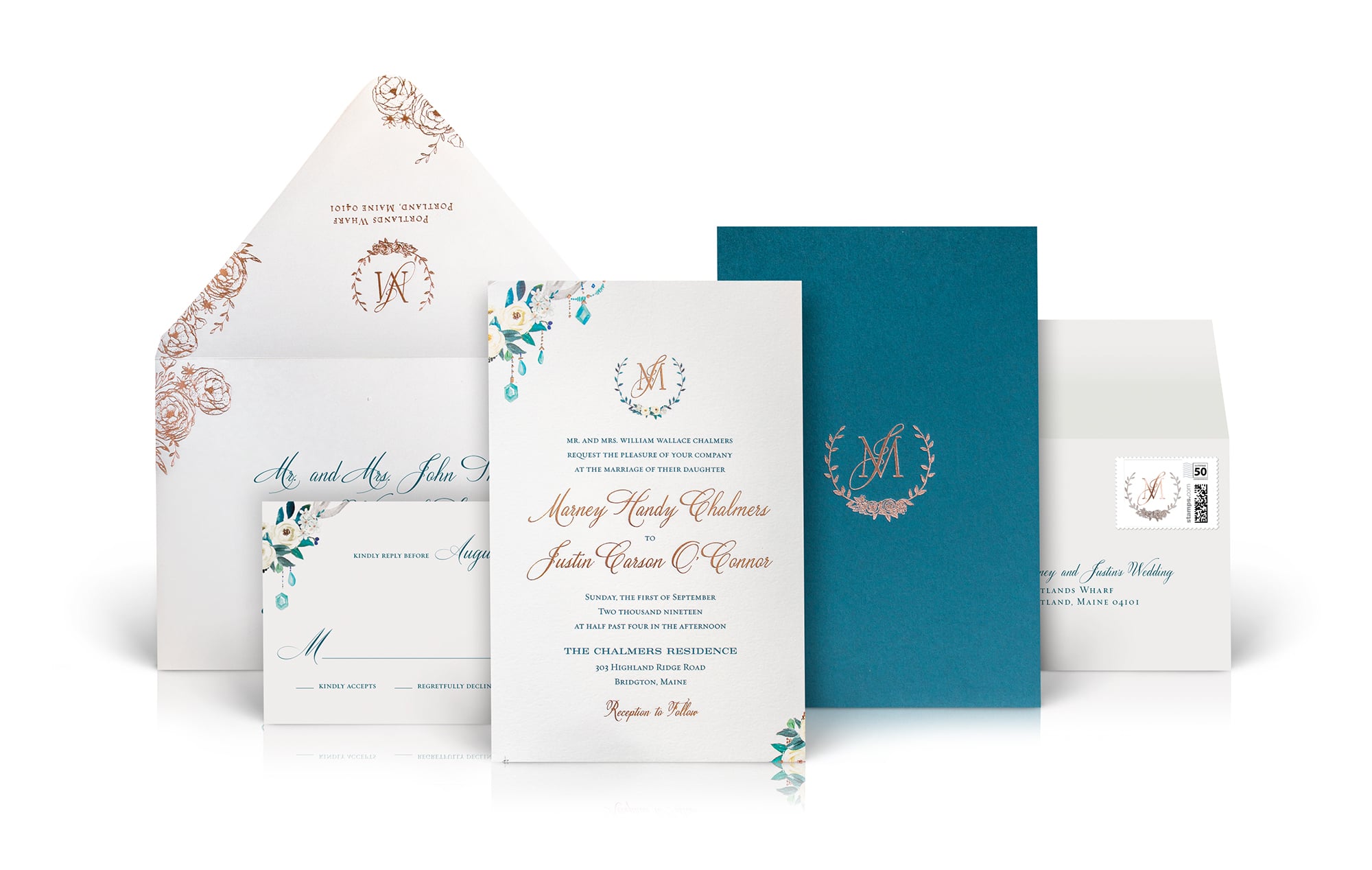 Elegant floral wedding invitation with rose gold foil