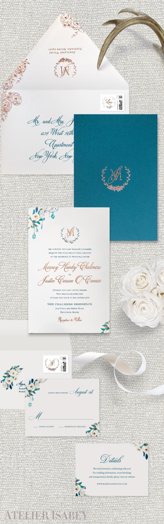Elegant floral wedding invitation with wrap | By Atelier Isabey
