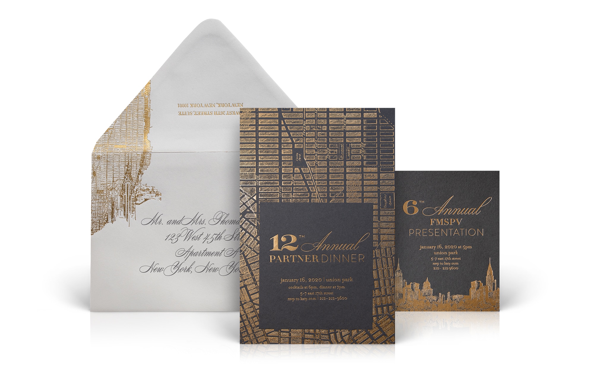 Gold and charcoal NYC invitation