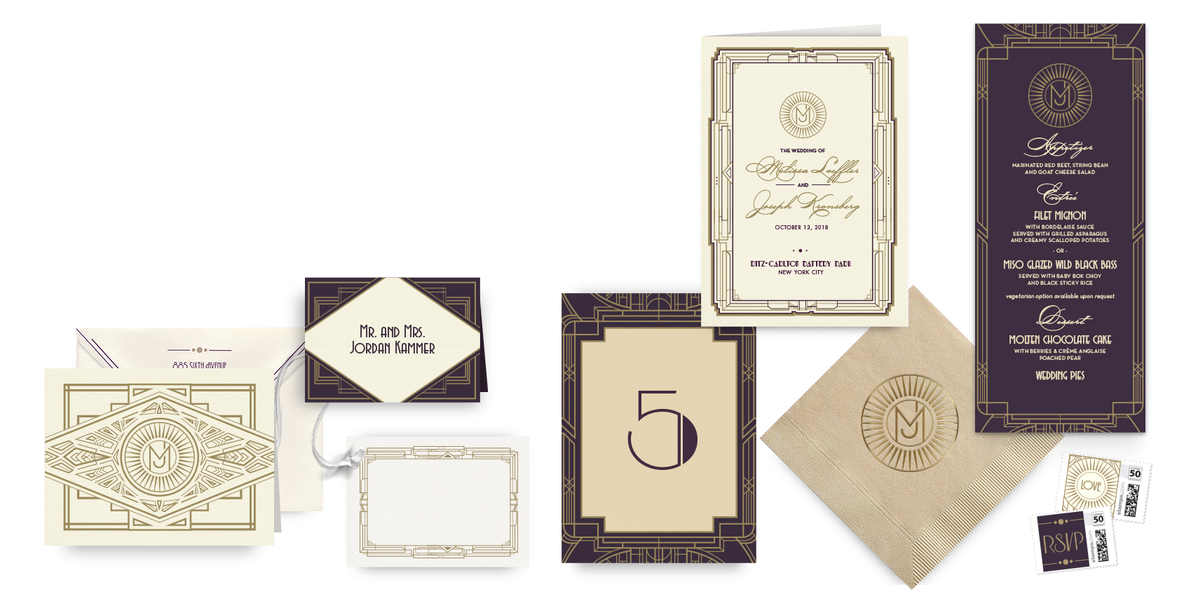 1920s Deco menus, programs and wedding accessories