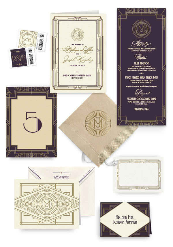 1920s Deco napkins, table cards, escort and place cards