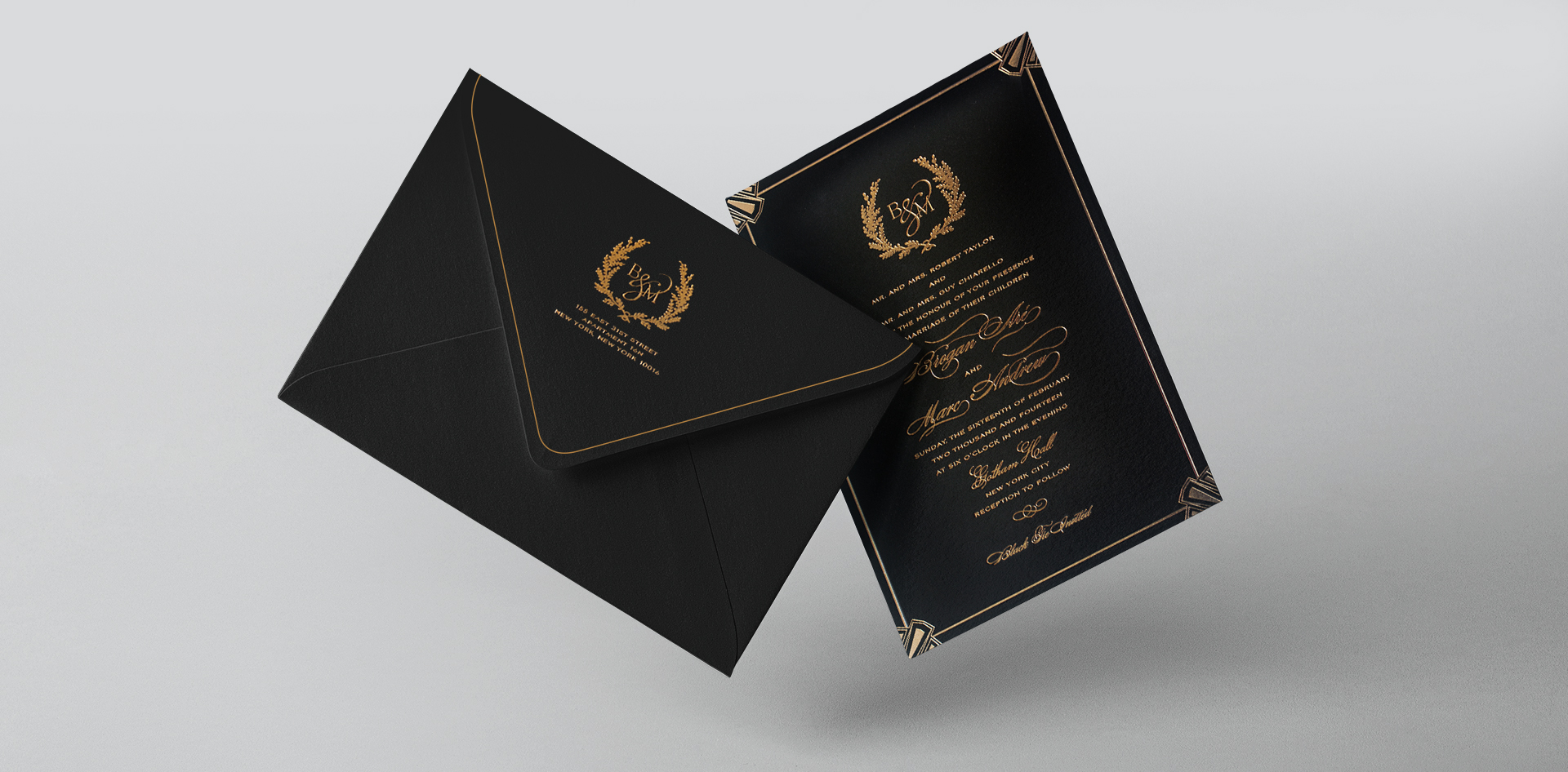 Black and gold ornate wedding invitation