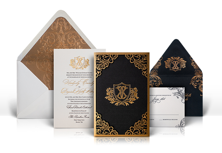 Ornate black and gold laser cut wedding invitation