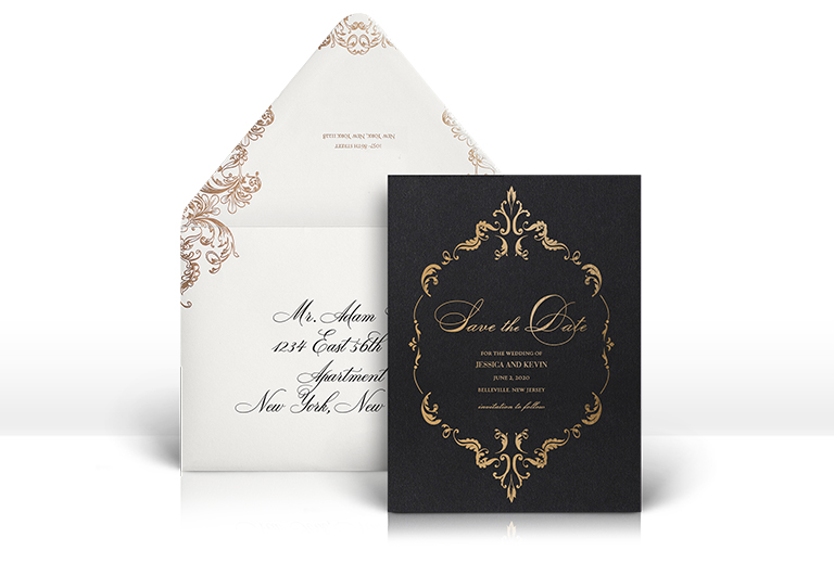 Formal black and gold save the date