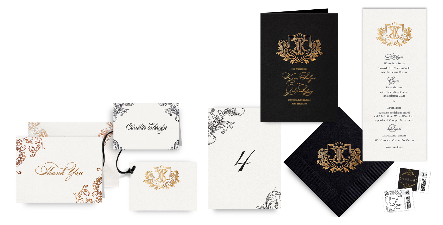 Ornate gold menus, programs and wedding accessories