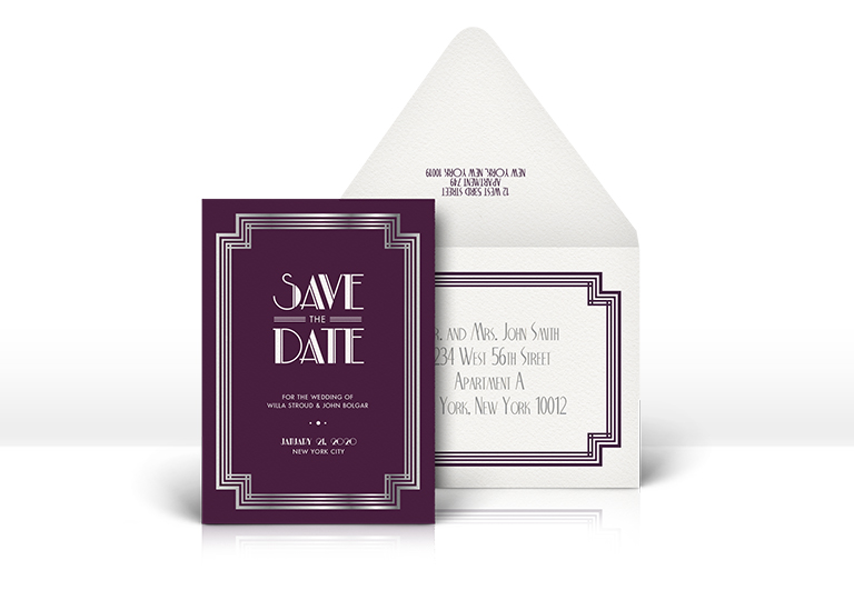 Purple and silver deco save the date