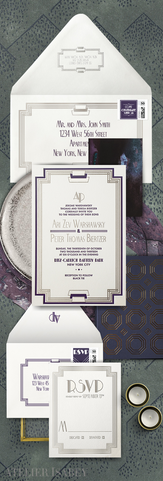 Silver and purple New York Art Deco wedding invitation