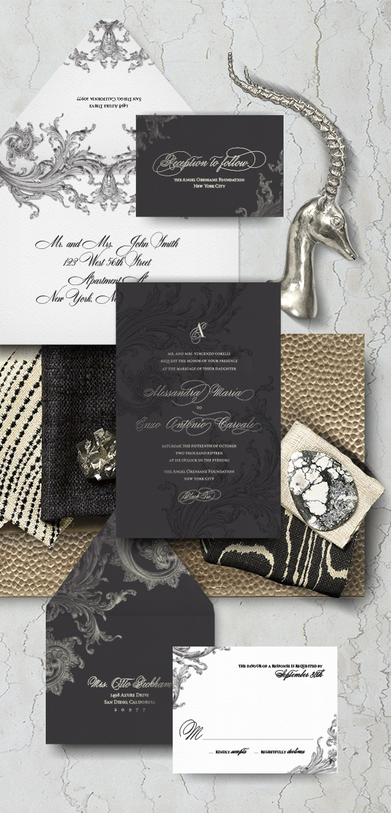Black and silver scrollwork wedding invitation