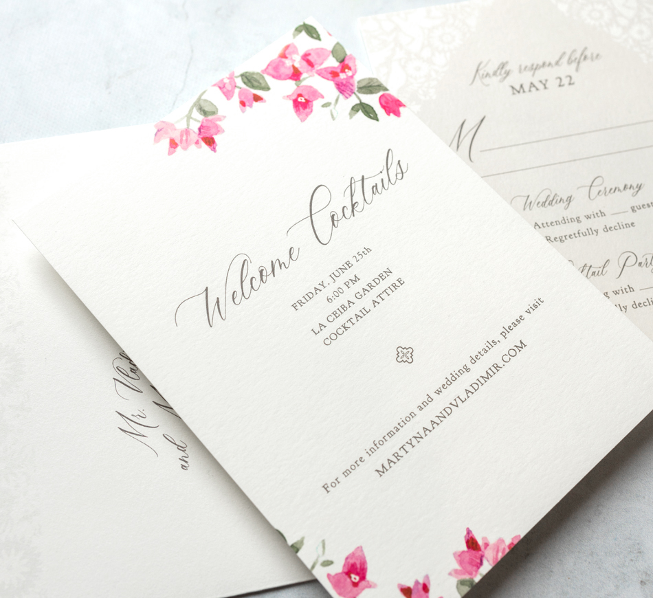 Details card with watercolor bougainvillea